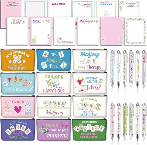 12 Set Mahjong Lovers Gifts Set 12 Mahjong Makeup Bags 12 Sticky Notepads 12 Ballpoint Pens Holiday Women Gifts for Mother Teacher Coworker Employee Nurse Volunteer Office Appreciation in Kuwait