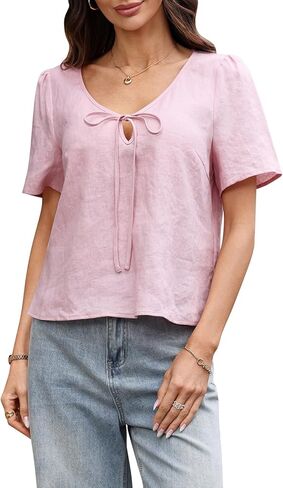 Women's 100% Linen Cropped Tops Tie Neck V Neck Short Sleeve 2026 Summer Trendy Blouses Shirts in Kuwait