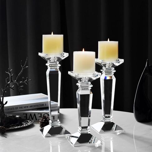 Kitcom Crystal Candlestick Holders Hand Cut Crystal Taper/Pillar Candle Holders, Table Centerpieces for Party Wedding Banquet Decorations Set of 3, Comes with Gift Box(11.6''/10.4''/9.3'' Tall) in Kuwait