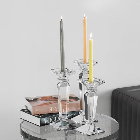 Kitcom Crystal Candlestick Holders Hand Cut Crystal Taper/Pillar Candle Holders, Table Centerpieces for Party Wedding Banquet Decorations Set of 3, Comes with Gift Box(11.6''/10.4''/9.3'' Tall) in Kuwait