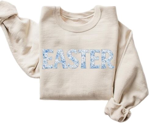 Easter Floral Letter Sweatshirt for Women – Blue Flower Spring Holiday Crewneck Pullover in Kuwait