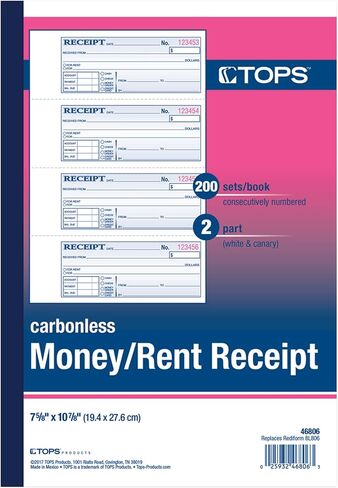 TOPS Money/Rent Receipt Book, 2-Part, Carbonless, 11 x 5.25 Inches, 4 Receipts/Page, 200 Sets per Book (4161) , White in Saudi Arabia