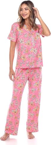 white mark Women's Tropical Short Sleeve Button Up Top with Matching Long Pant Pajama Set in Kuwait
