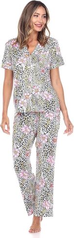 white mark Women's Tropical Short Sleeve Button Up Top with Matching Long Pant Pajama Set in Saudi Arabia