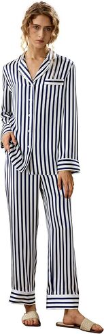 LilySilk The Amalfi Button-Up Full Length Striped Pyjama Set Women's 100% Pure Silk Sleepwear Set in Saudi Arabia