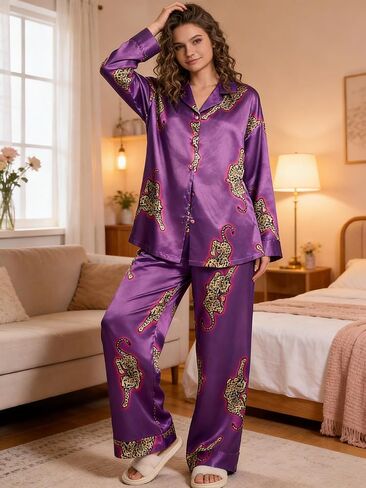 2-Piece Women's Long Sleeve Pajamas, Button-Down Pajama Sets, Cute Long Sleeve Wide Leg, PJs Loungewear in Saudi Arabia