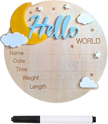 علامة إعلان اسم الطفل، علامة Hello World لحديثي الولادة، 5.9 بوصة لافتة إعلان خشبية للترحيب بالولادة لحديثي الولادة من أجل دش حضانة المستشفى، دعائم صور للأطفال حديثي الولادة الأولاد والبنات (أزرق وأصفر) in Kuwait