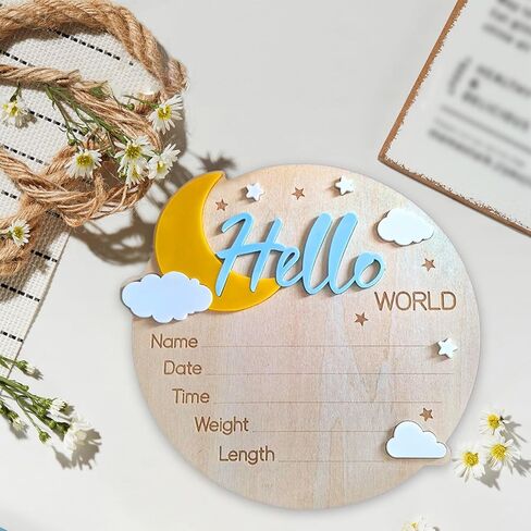 علامة إعلان اسم الطفل، علامة Hello World لحديثي الولادة، 5.9 بوصة لافتة إعلان خشبية للترحيب بالولادة لحديثي الولادة من أجل دش حضانة المستشفى، دعائم صور للأطفال حديثي الولادة الأولاد والبنات (أزرق وأصفر) in Kuwait