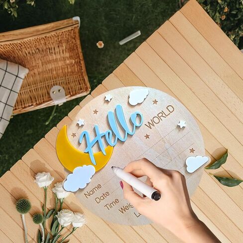 علامة إعلان اسم الطفل، علامة Hello World لحديثي الولادة، 5.9 بوصة لافتة إعلان خشبية للترحيب بالولادة لحديثي الولادة من أجل دش حضانة المستشفى، دعائم صور للأطفال حديثي الولادة الأولاد والبنات (أزرق وأصفر) in Kuwait