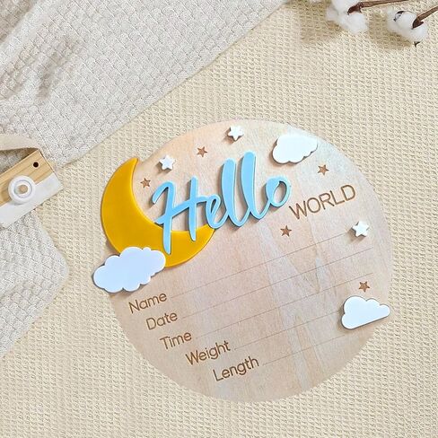 علامة إعلان اسم الطفل، علامة Hello World لحديثي الولادة، 5.9 بوصة لافتة إعلان خشبية للترحيب بالولادة لحديثي الولادة من أجل دش حضانة المستشفى، دعائم صور للأطفال حديثي الولادة الأولاد والبنات (أزرق وأصفر) in Kuwait