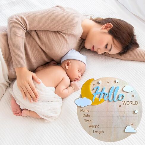 علامة إعلان اسم الطفل، علامة Hello World لحديثي الولادة، 5.9 بوصة لافتة إعلان خشبية للترحيب بالولادة لحديثي الولادة من أجل دش حضانة المستشفى، دعائم صور للأطفال حديثي الولادة الأولاد والبنات (أزرق وأصفر) in Kuwait