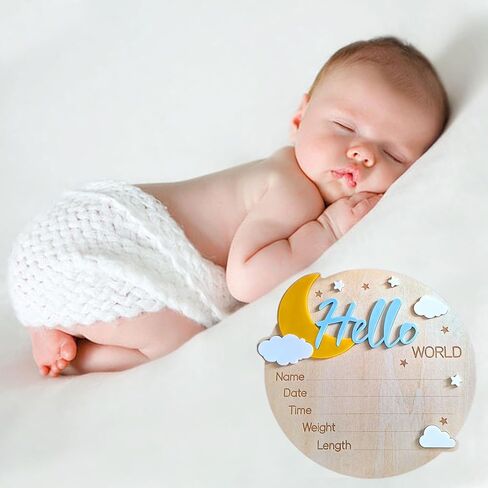 علامة إعلان اسم الطفل، علامة Hello World لحديثي الولادة، 5.9 بوصة لافتة إعلان خشبية للترحيب بالولادة لحديثي الولادة من أجل دش حضانة المستشفى، دعائم صور للأطفال حديثي الولادة الأولاد والبنات (أزرق وأصفر) in Kuwait