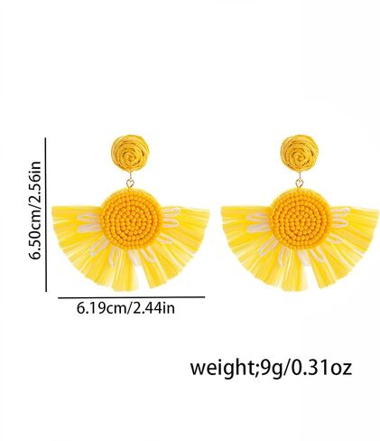 Boho Raffia Floral Fan-Shaped Dangle Earrings, Beaded Textured Statement Earrings with Fringe Detail, Lightweight Drop Earrings for Parties, Vacations and Everyday Outfits in Saudi Arabia