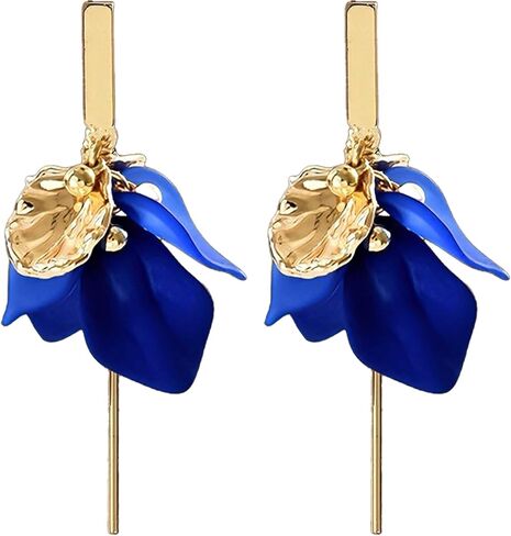 Royal Blue Flower Earrings for Women, Gold & Blue Elegant Dangle Earrings, Vintage Style Blue Earrings for Parties & Daily Wear in Kuwait