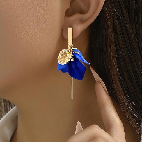 Royal Blue Flower Earrings for Women, Gold & Blue Elegant Dangle Earrings, Vintage Style Blue Earrings for Parties & Daily Wear in Kuwait