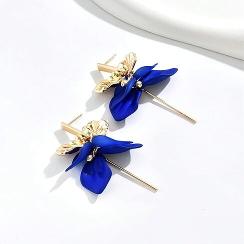 Royal Blue Flower Earrings for Women, Gold & Blue Elegant Dangle Earrings, Vintage Style Blue Earrings for Parties & Daily Wear in Kuwait