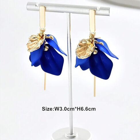 Royal Blue Flower Earrings for Women, Gold & Blue Elegant Dangle Earrings, Vintage Style Blue Earrings for Parties & Daily Wear in Kuwait