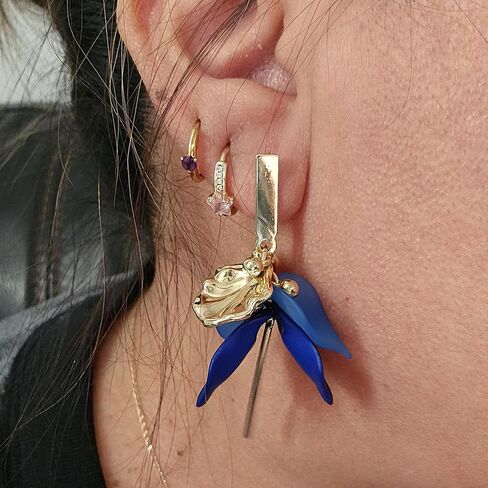 Royal Blue Flower Earrings for Women, Gold & Blue Elegant Dangle Earrings, Vintage Style Blue Earrings for Parties & Daily Wear in Kuwait