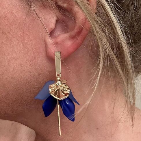 Royal Blue Flower Earrings for Women, Gold & Blue Elegant Dangle Earrings, Vintage Style Blue Earrings for Parties & Daily Wear in Kuwait