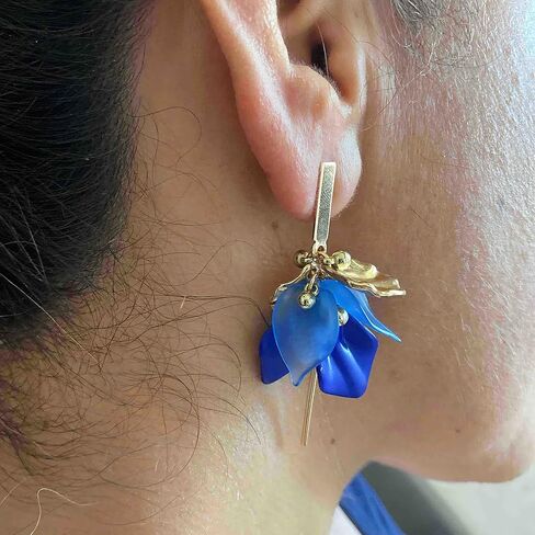 Royal Blue Flower Earrings for Women, Gold & Blue Elegant Dangle Earrings, Vintage Style Blue Earrings for Parties & Daily Wear in Kuwait