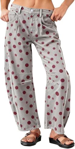 utcoco Women's Polka Dot Barrel Leg Jeans Baggy Mid Rise Contrast Denim Pants in Saudi Arabia