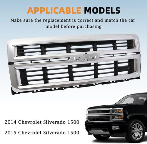 KARPAL Front Upper Grille Assembly W/Chrome Surround Frame Compatible with 2014 2015 Chevrolet Silverado 1500, Replacement 23259621 GM1200714 in Saudi Arabia