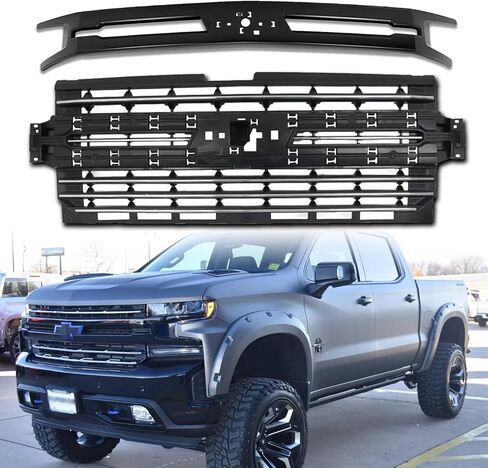 شبكة المصد الأمامي مع شريط تقليم زخرفي متوافق مع 2019 2020 2021 تشيفي شيفروليه سيلفرادو 1500 بيك اب شبكة أمامية من الكروم مع مجموعة حواف سوداء in Kuwait