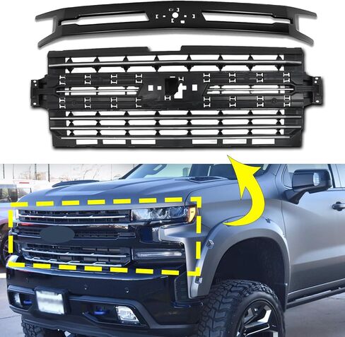 شبكة المصد الأمامي مع شريط تقليم زخرفي متوافق مع 2019 2020 2021 تشيفي شيفروليه سيلفرادو 1500 بيك اب شبكة أمامية من الكروم مع مجموعة حواف سوداء in Kuwait