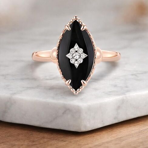 Marquise Cut Black Onyx Diamond Ring for Women in 14K Rose Gold Vintage Art Deco Engagement Ring Gothic Statement Promise Ring Anniversary Jewelry Gift in Saudi Arabia