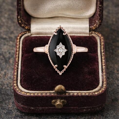 Marquise Cut Black Onyx Diamond Ring for Women in 14K Rose Gold Vintage Art Deco Engagement Ring Gothic Statement Promise Ring Anniversary Jewelry Gift in Saudi Arabia