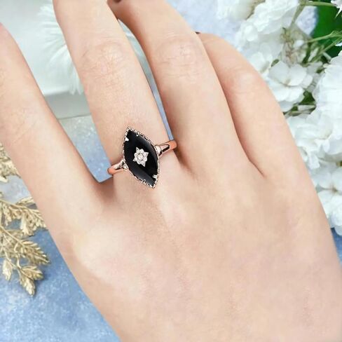 Marquise Cut Black Onyx Diamond Ring for Women in 14K Rose Gold Vintage Art Deco Engagement Ring Gothic Statement Promise Ring Anniversary Jewelry Gift in Saudi Arabia