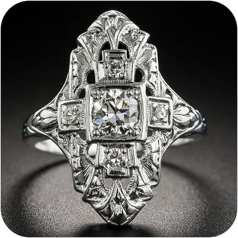 Retro Vintage Art Deco Round-cut Simulated Diamond Wedding Engagement Statement Ring 925 Sterling Silver Plated Cubic Zirconia Hollowed-out Carved Pattern Comfort Fit Band Anniversary for Women in Saudi Arabia