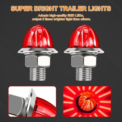 Wodvyss10Pcs 1.5 Inch PC Lens Watermelon Lights, Red Lens Amber Lights LED Side Marker Turn Signal with Bezel, Red Lens for Kenworth Peterbilt Freightliner Trucks in Saudi Arabia