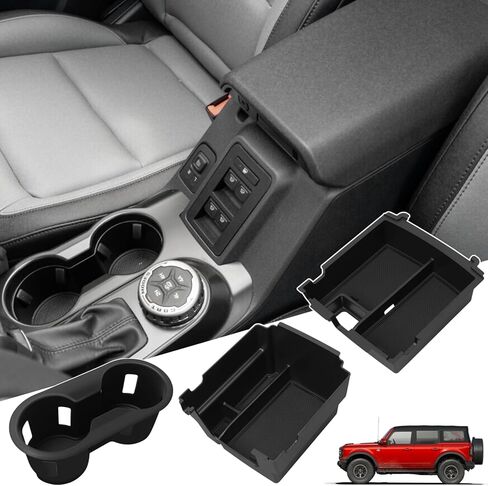 Center Console Organizer for 2025 2026 Ford Bronco 4 Door Accessories - Double Layer Armrest Storage Box Compartment & Center Console Cupholder Insert - (Only for Automatic Transmission & 4 Doors) in Kuwait