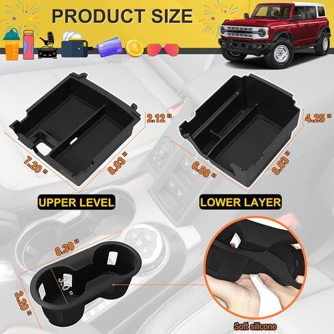 Center Console Organizer for 2025 2026 Ford Bronco 4 Door Accessories - Double Layer Armrest Storage Box Compartment & Center Console Cupholder Insert - (Only for Automatic Transmission & 4 Doors) in Kuwait