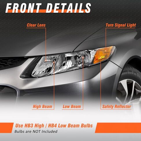 Headlights Assembly for 2012 2013 2014 2015 Honda Civic 4Dr Sedan/2012 2013 Honda Civic 2Dr Coupe Clear Lens Black Housing Amber Reflector (Does NOT Fit Hybrid or Hybrid-L Models) in Kuwait