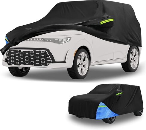 Car Cover Waterproof All Weather 210D, UV Sun Rain Protection, for Kia Soul with Left Side Zipper, Black & Blue in Saudi Arabia