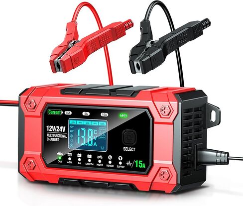 شاحن بطارية 15 أمبير 12 فولت/24 فولت، جهاز صيانة بطارية الرصاص الحمضية الأوتوماتيكي بالكامل، شاحن بطارية السيارة ومزيل الكبريت، أوضاع متعددة، متعدد الوظائف، مجموعة واسعة من التطبيقات in Kuwait