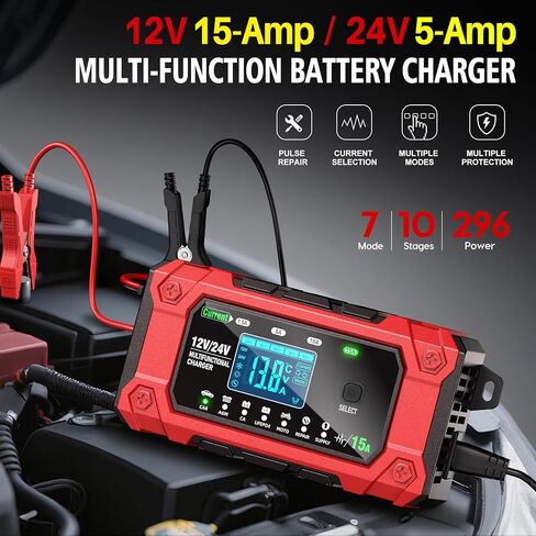 شاحن بطارية 15 أمبير 12 فولت/24 فولت، جهاز صيانة بطارية الرصاص الحمضية الأوتوماتيكي بالكامل، شاحن بطارية السيارة ومزيل الكبريت، أوضاع متعددة، متعدد الوظائف، مجموعة واسعة من التطبيقات in Kuwait