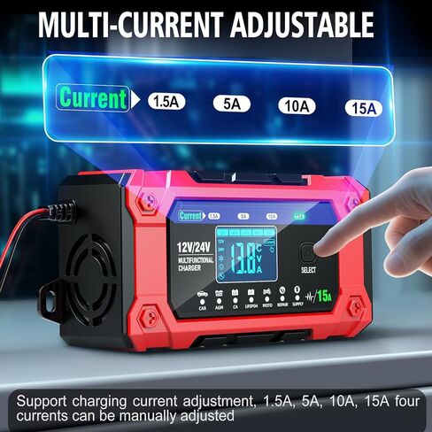 شاحن بطارية 15 أمبير 12 فولت/24 فولت، جهاز صيانة بطارية الرصاص الحمضية الأوتوماتيكي بالكامل، شاحن بطارية السيارة ومزيل الكبريت، أوضاع متعددة، متعدد الوظائف، مجموعة واسعة من التطبيقات in Kuwait