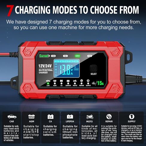 شاحن بطارية 15 أمبير 12 فولت/24 فولت، جهاز صيانة بطارية الرصاص الحمضية الأوتوماتيكي بالكامل، شاحن بطارية السيارة ومزيل الكبريت، أوضاع متعددة، متعدد الوظائف، مجموعة واسعة من التطبيقات in Kuwait