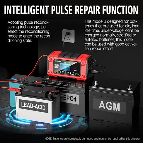 شاحن بطارية 15 أمبير 12 فولت/24 فولت، جهاز صيانة بطارية الرصاص الحمضية الأوتوماتيكي بالكامل، شاحن بطارية السيارة ومزيل الكبريت، أوضاع متعددة، متعدد الوظائف، مجموعة واسعة من التطبيقات in Kuwait