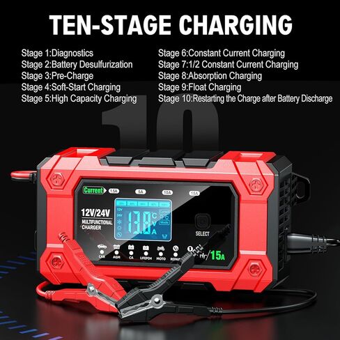 شاحن بطارية 15 أمبير 12 فولت/24 فولت، جهاز صيانة بطارية الرصاص الحمضية الأوتوماتيكي بالكامل، شاحن بطارية السيارة ومزيل الكبريت، أوضاع متعددة، متعدد الوظائف، مجموعة واسعة من التطبيقات in Kuwait