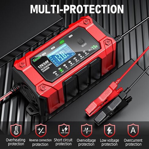 شاحن بطارية 15 أمبير 12 فولت/24 فولت، جهاز صيانة بطارية الرصاص الحمضية الأوتوماتيكي بالكامل، شاحن بطارية السيارة ومزيل الكبريت، أوضاع متعددة، متعدد الوظائف، مجموعة واسعة من التطبيقات in Kuwait