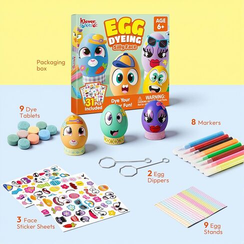 Klever 31PCS Easter Egg Decorating DIY Kit with Dye Tablets and Gem Stickers, Coloring Dyeing Set for Kids Easter Theme Party, Egg Hunt Creativity Activity in Kuwait