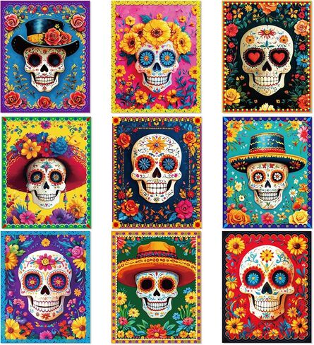Day of The Dead Poster - 9 Piece Day of the Dead Decorations Sugar Skull Wall Art Sugar Skull Art Print for Mexico Day Day of the Dead Halloween Wall Decor Living Room Decor in Kuwait
