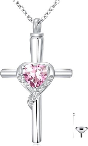 TOUPOP Cross Urn Necklaces for Ashes Birthstone Cremation Jewelry 925 Sterling Silver Cross Memorial Keepsake Funeral Jewelry for Women (with Funnel Filler) in Saudi Arabia