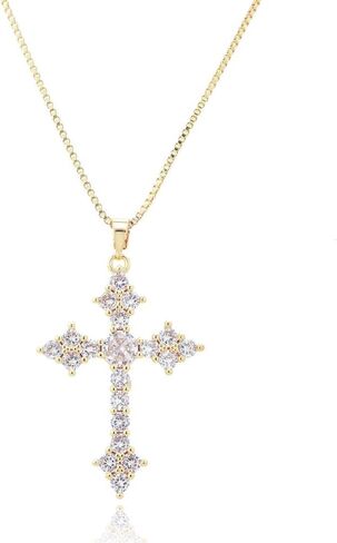 RIZILIA 18K Yellow Gold Plated Women's Cross Necklace, Round Cut CZ [Multiple Colors Available] Cross Pendant Necklace for Women, Trendy Jewelry Gift for Women in Saudi Arabia