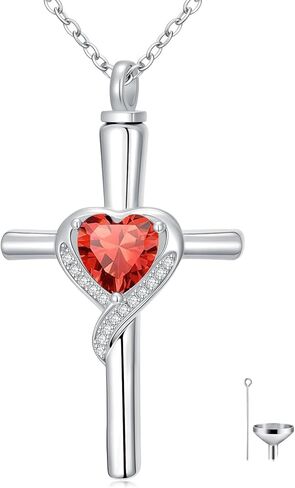 TOUPOP Cross Urn Necklaces for Ashes Birthstone Cremation Jewelry 925 Sterling Silver Cross Memorial Keepsake Funeral Jewelry for Women (with Funnel Filler) in Saudi Arabia