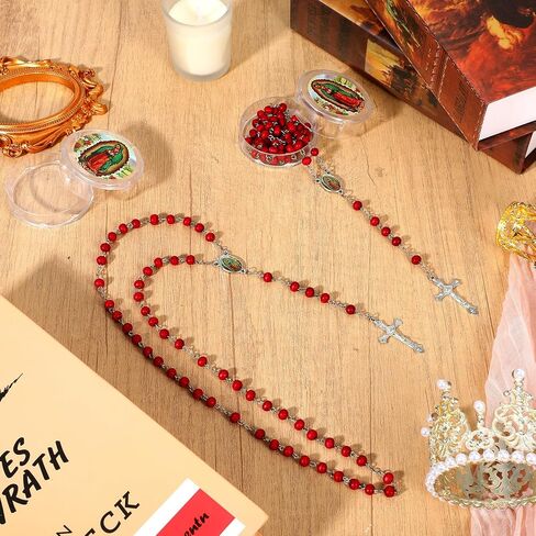 24 Pcs Scented Rosary Necklace Our Lady of Grace Party Favor Catholic Gifts with Box Saint Jude Rosary Beads Necklace for Funeral Baptism First Communion Party (Red) in Kuwait